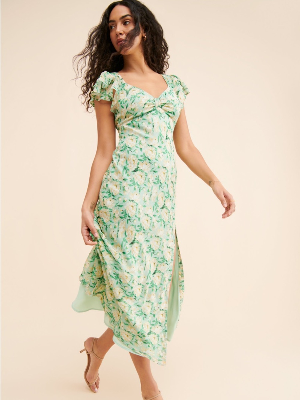 NEW w/ TAGS! Green Floral Midi Dress with Side Slit
